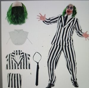 NWT 5 PC SET BLACK AND WHITE JUICE STRIPE SUIT WITH WIG